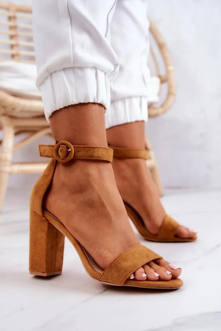 Damskie Boto Zamszowe Sandały Na Słupku Camel Hattie