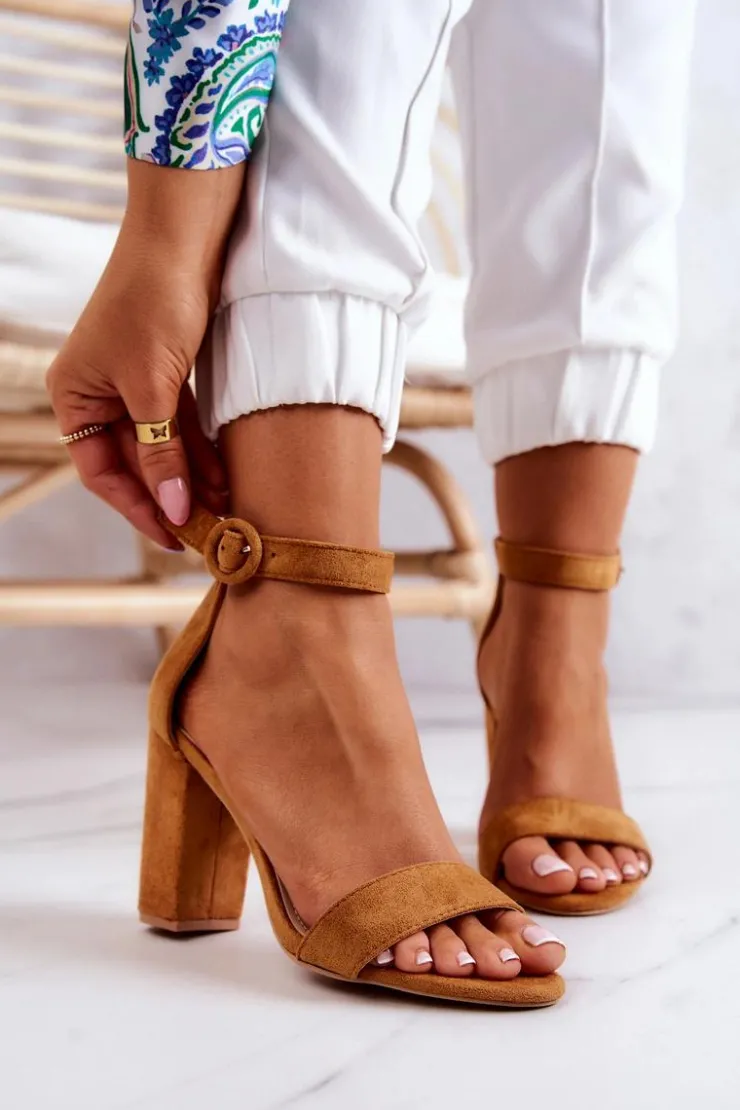 Damskie Boto Zamszowe Sandały Na Słupku Camel Hattie