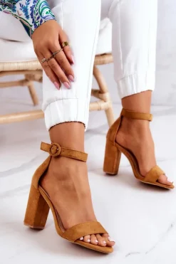 Damskie Boto Zamszowe Sandały Na Słupku Camel Hattie