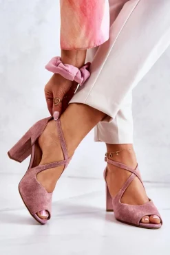 Buty Sergio Leone Sandały Na Obcasie*Zamszowe Sandały Na Słupku Różowe Lorita