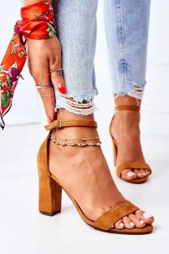 Clearance Boto Zamszowe Sandały Na Słupku Camel Florence