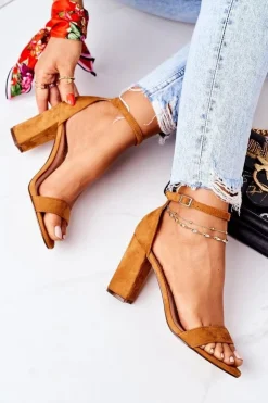 Clearance Boto Zamszowe Sandały Na Słupku Camel Florence