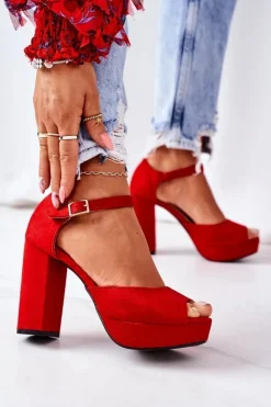 Damskie Boto Zamszowe Sandały Na Słupku Czerwone Silvia