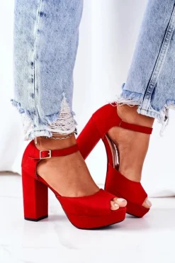 Damskie Boto Zamszowe Sandały Na Słupku Czerwone Silvia