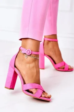 Damskie Boto Zamszowe Sandały Na Słupku Neonowa Fuksja Destino