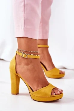 Damskie Boto Zamszowe Sandały Na Słupku Żółte Sarah