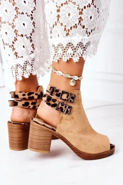 Damskie Boto Zamszowe Sandały Na Słupku Lu Boo Camel Leopard