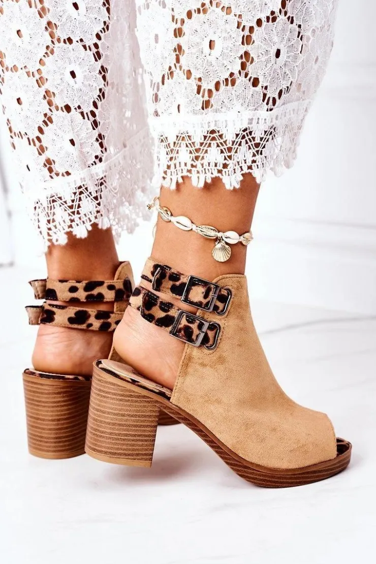 Damskie Boto Zamszowe Sandały Na Słupku Lu Boo Camel Leopard