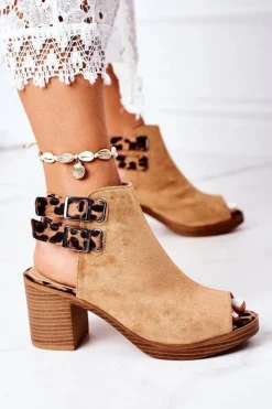 Damskie Boto Zamszowe Sandały Na Słupku Lu Boo Camel Leopard