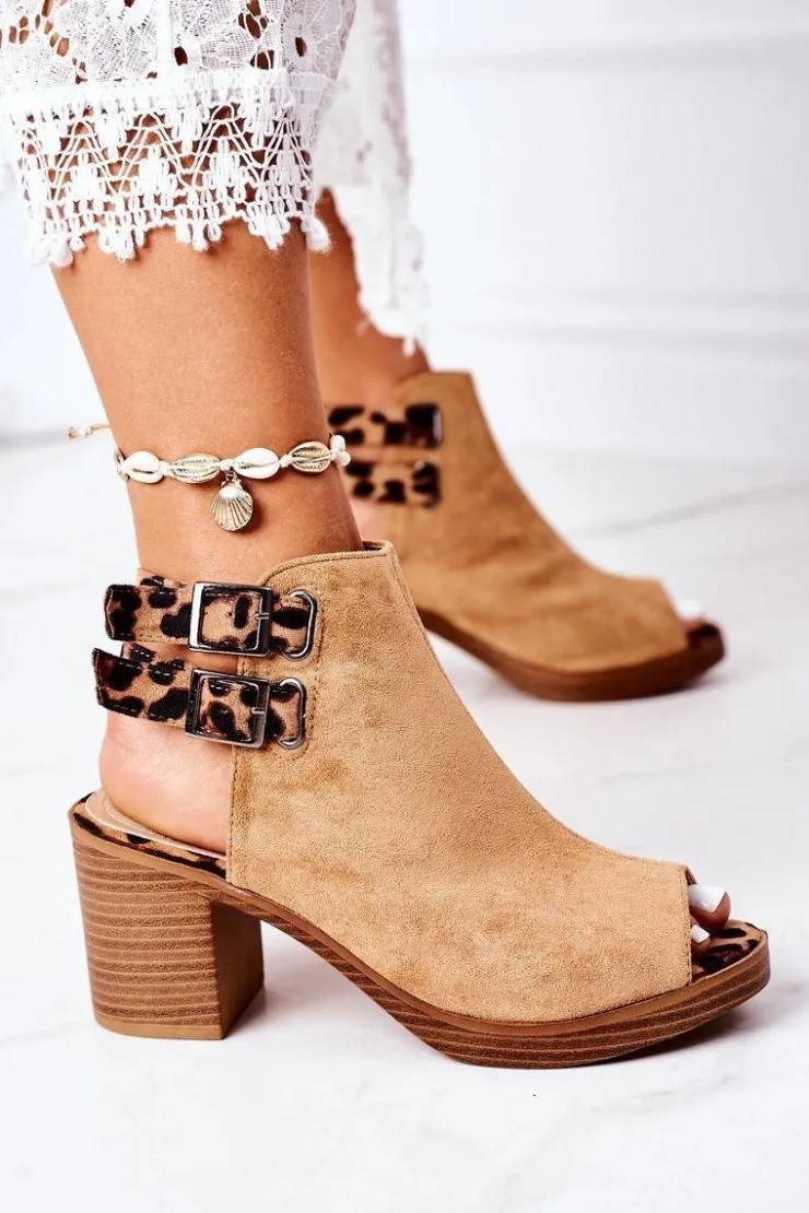Damskie Boto Zamszowe Sandały Na Słupku Lu Boo Camel Leopard