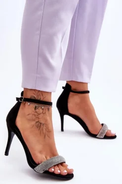 Damskie Boto Zamszowe Sandały Na Szpilce Z Dżetami Czarne Moments