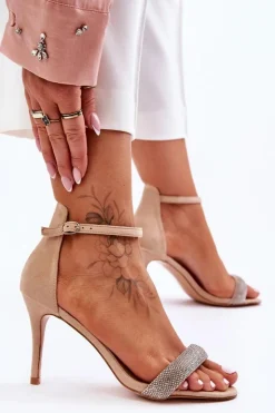 Boto Zamszowe Sandały Na Szpilce Z Dżetami Beżowe Moments