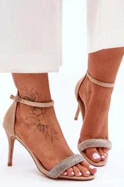 Boto Zamszowe Sandały Na Szpilce Z Dżetami Beżowe Moments