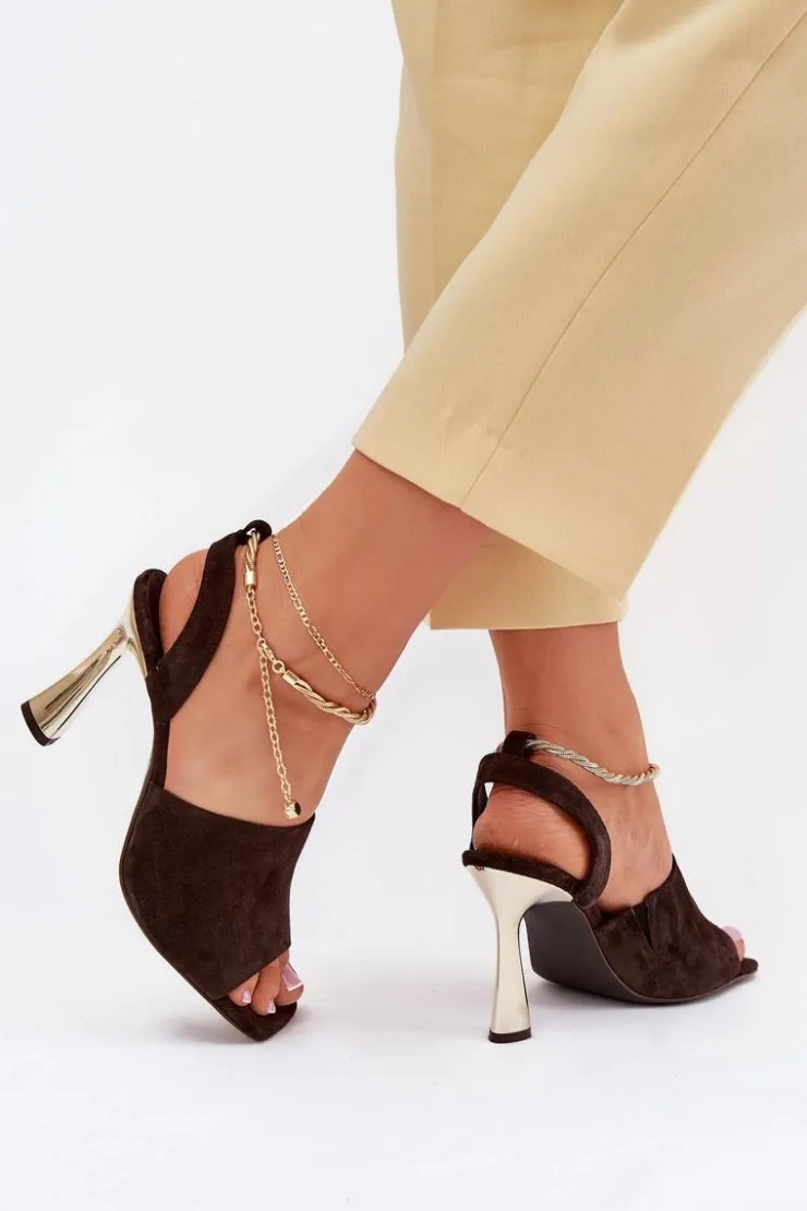 Damskie CheBello Zamszowe Sandały Na Szpilce Z Ozdobną Bransoletą 4440 Czekoladowe