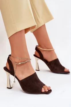 Damskie CheBello Zamszowe Sandały Na Szpilce Z Ozdobną Bransoletą 4440 Czekoladowe
