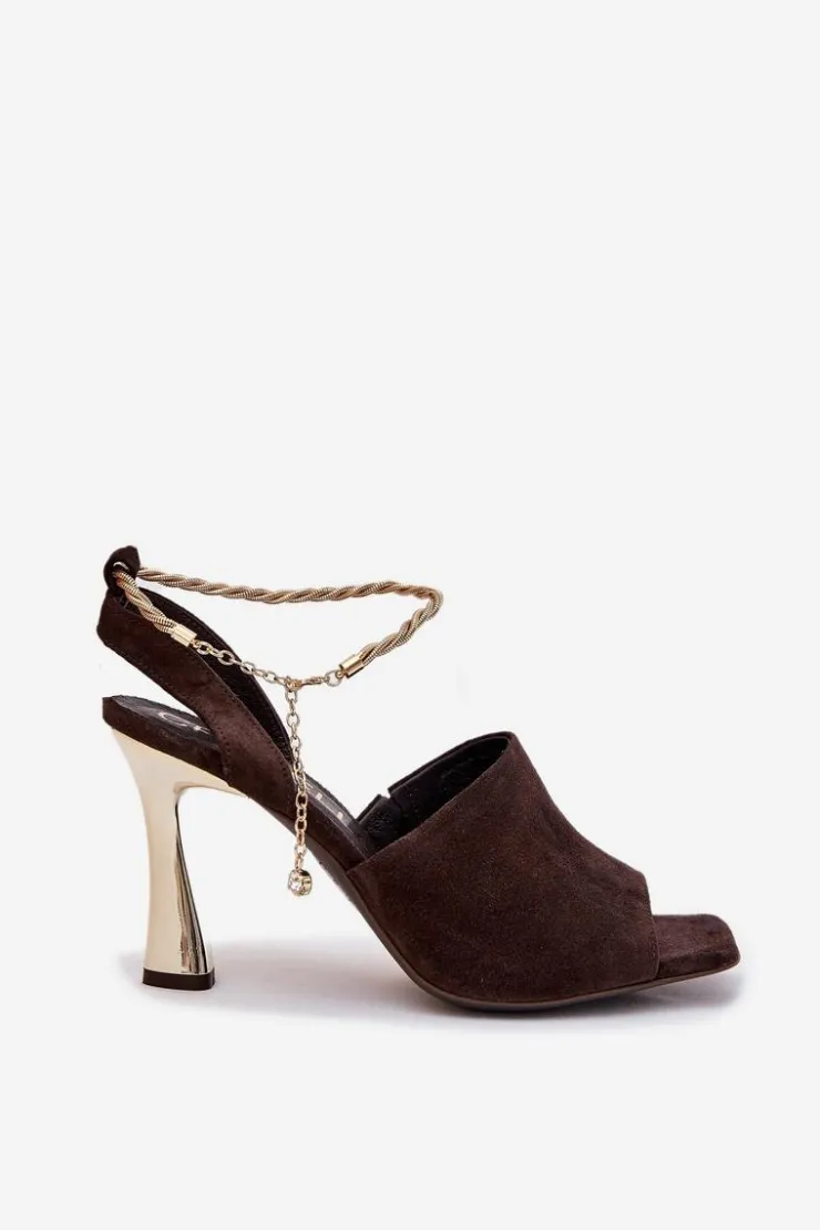 Damskie CheBello Zamszowe Sandały Na Szpilce Z Ozdobną Bransoletą 4440 Czekoladowe