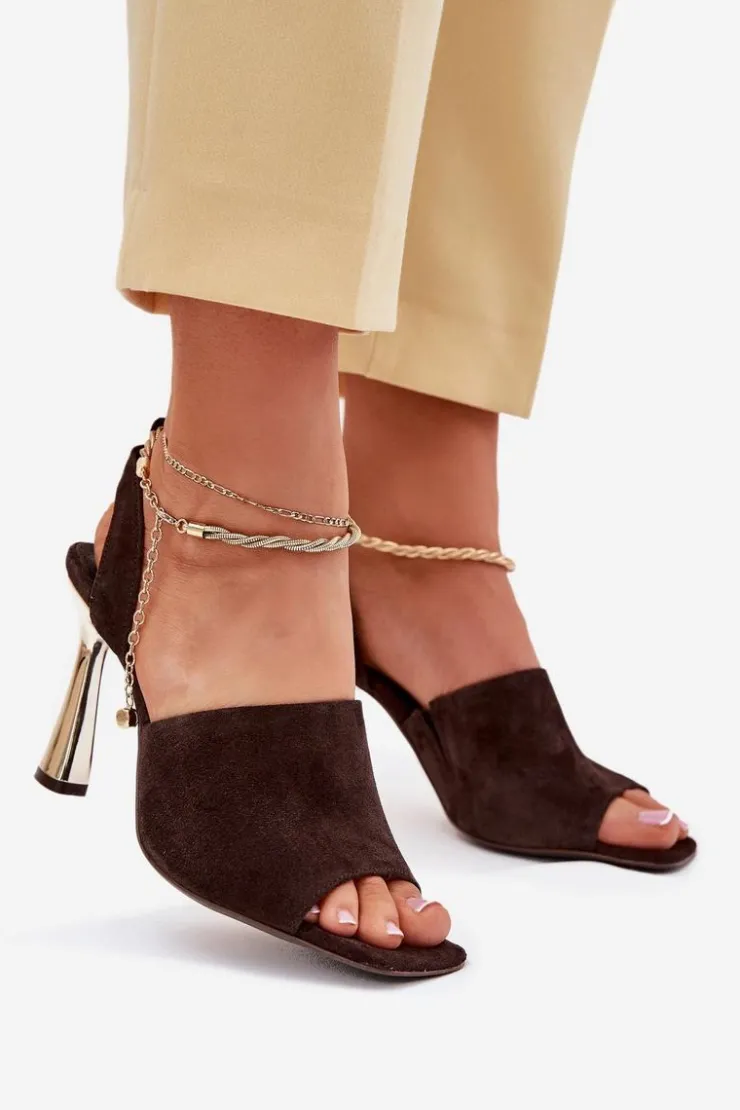 Damskie CheBello Zamszowe Sandały Na Szpilce Z Ozdobną Bransoletą 4440 Czekoladowe