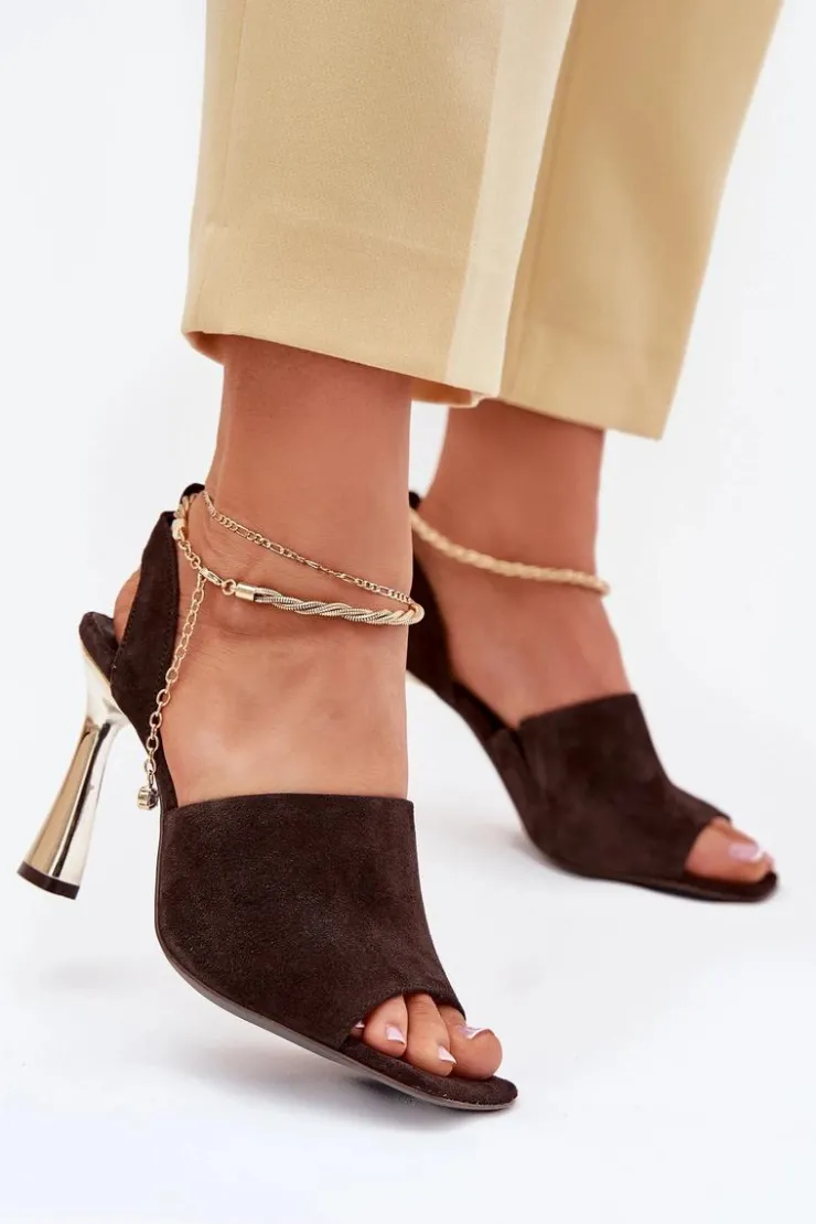 Damskie CheBello Zamszowe Sandały Na Szpilce Z Ozdobną Bransoletą 4440 Czekoladowe
