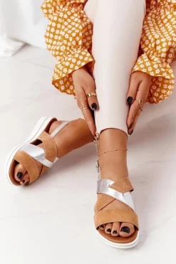 Buty Sergio Leone Sandały Na Koturnie|Sandały Płaskie*Zamszowe Sandały Sergio Leone SK039 Beżowo-Srebrne