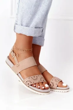 Damskie Evento Zamszowe Sandały Z Cyrkoniami Beżowe Cora