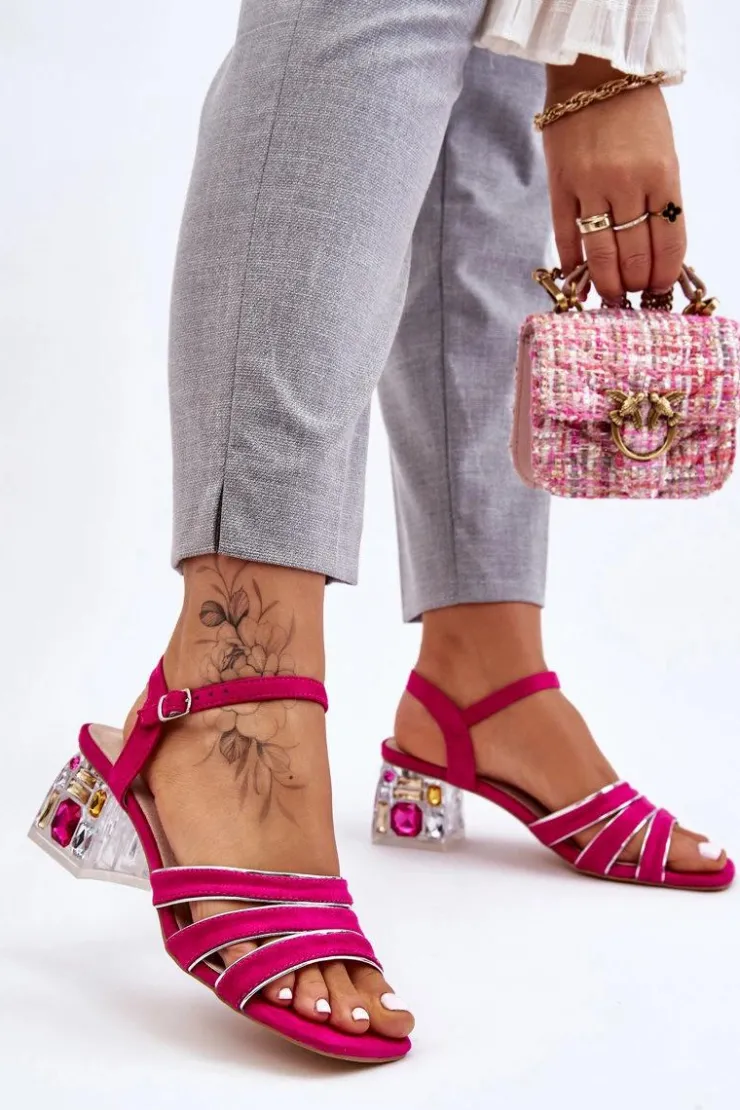 Damskie buty S.Barski Sandały Na Obcasie*Zamszowe Sandały Z Kryształami Fuksja Callan