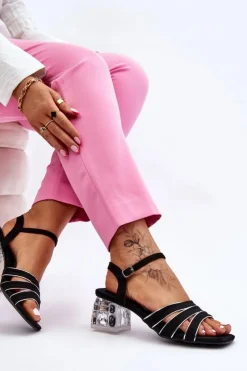 Discount Damskie buty S.Barski Zamszowe Sandały Z Kryształami Czarne Callan Czarny