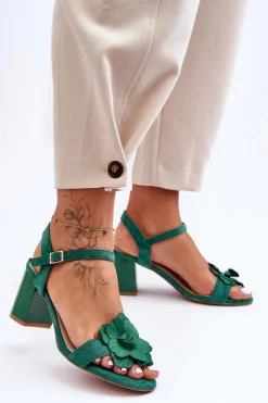 Damskie Boto Zamszowe Sandały Z Kwiatem S.Barski 04 Zielone