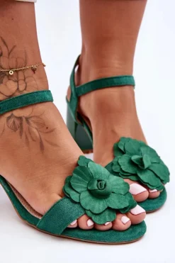 Damskie Boto Zamszowe Sandały Z Kwiatem S.Barski 04 Zielone