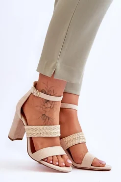 Damskie Boto Zamszowe Sandały Z Plecionym Paskiem Na Obcasie Beżowe Roselia