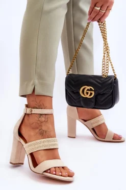 Damskie Boto Zamszowe Sandały Z Plecionym Paskiem Na Obcasie Beżowe Roselia