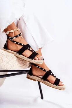 Damskie buty S.Barski Sandały Płaskie*Zamszowe Sandały Z Ćwiekami Czarne Marey