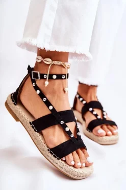 Damskie buty S.Barski Sandały Płaskie*Zamszowe Sandały Z Ćwiekami Czarne Marey