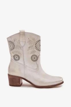 Zazoo Botki Skórzane|Botki Na Słupku*Zamszowe Skórzane Botki Damskie Ażurowe Na Obcasie 3844 Przecierany Złoty