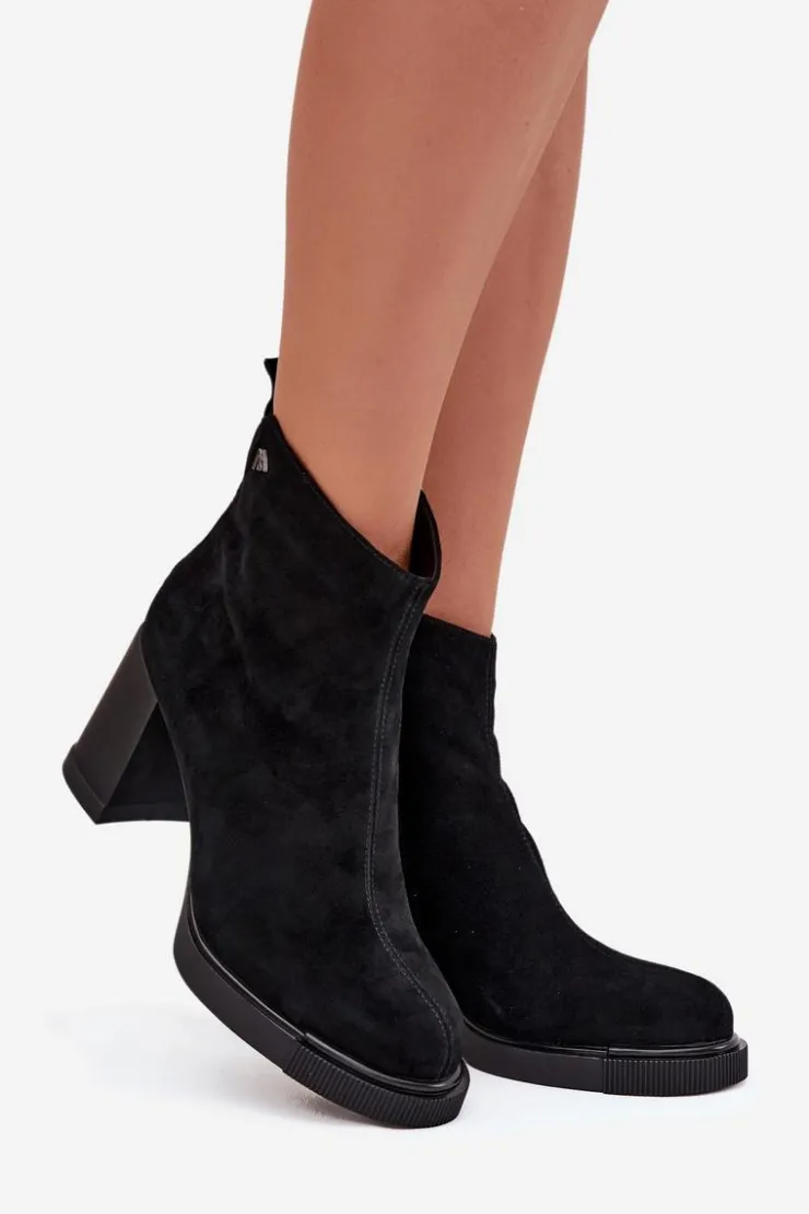 Outlet Buty damskie Vinceza Zamszowe Skórzane Botki Damskie Na Słupku Vinceza 91142 Czarne