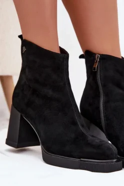 Outlet Buty damskie Vinceza Zamszowe Skórzane Botki Damskie Na Słupku Vinceza 91142 Czarne