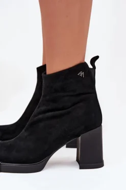 Outlet Buty damskie Vinceza Zamszowe Skórzane Botki Damskie Na Słupku Vinceza 91142 Czarne