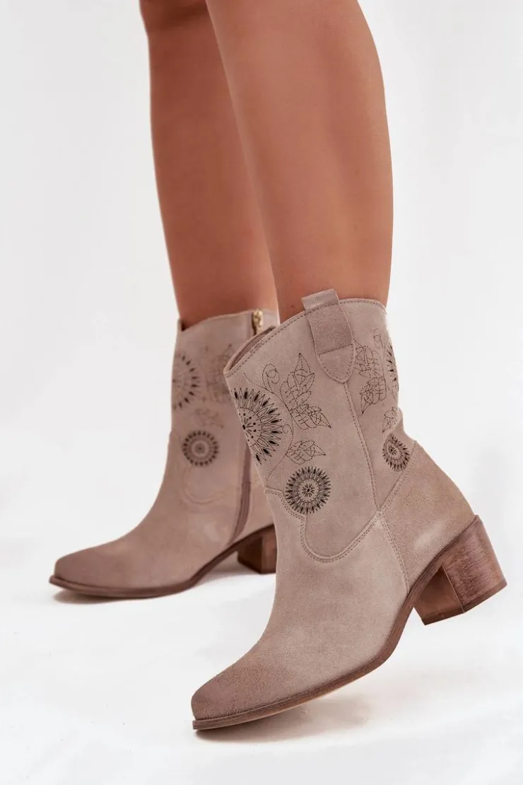 Damskie Zazoo Zamszowe Skórzane Botki Damskie Ażurowe Na Obcasie 3844 Cappuccino