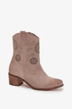 Damskie Zazoo Zamszowe Skórzane Botki Damskie Ażurowe Na Obcasie 3844 Cappuccino