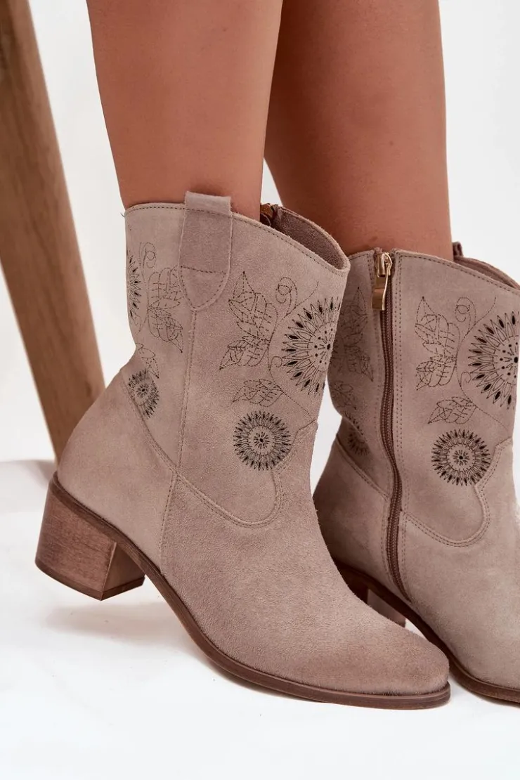 Damskie Zazoo Zamszowe Skórzane Botki Damskie Ażurowe Na Obcasie 3844 Cappuccino