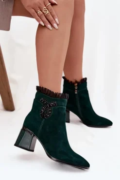 D&A Botki Ocieplane|Botki Skórzane*Zamszowe Skórzane Botki Damskie Na Słupku Z Ozdobą Ocieplane MR52-127 Butelkowa Zieleń Zielony