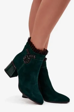 D&A Botki Ocieplane|Botki Skórzane*Zamszowe Skórzane Botki Damskie Na Słupku Z Ozdobą Ocieplane MR52-127 Butelkowa Zieleń Zielony