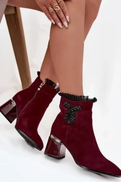 Online D&A Zamszowe Skórzane Botki Damskie Na Słupku Z Ozdobą Ocieplane MR52-127 Bordowe Czerwony