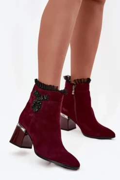 Online D&A Zamszowe Skórzane Botki Damskie Na Słupku Z Ozdobą Ocieplane MR52-127 Bordowe Czerwony