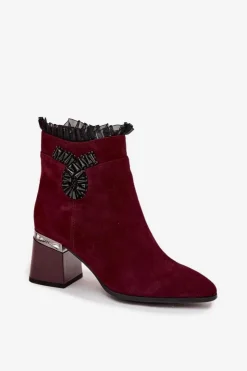 Online D&A Zamszowe Skórzane Botki Damskie Na Słupku Z Ozdobą Ocieplane MR52-127 Bordowe Czerwony