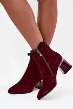 Online D&A Zamszowe Skórzane Botki Damskie Na Słupku Z Ozdobą Ocieplane MR52-127 Bordowe Czerwony