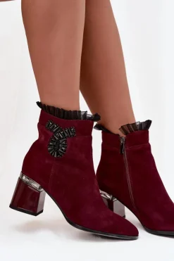Online D&A Zamszowe Skórzane Botki Damskie Na Słupku Z Ozdobą Ocieplane MR52-127 Bordowe Czerwony