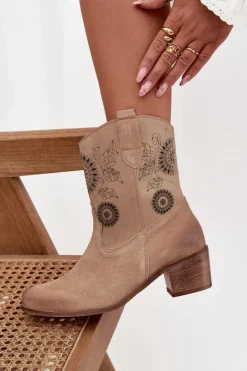 Damskie Zazoo Zamszowe Skórzane Botki Damskie Ażurowe Na Obcasie 3844 Beżowe