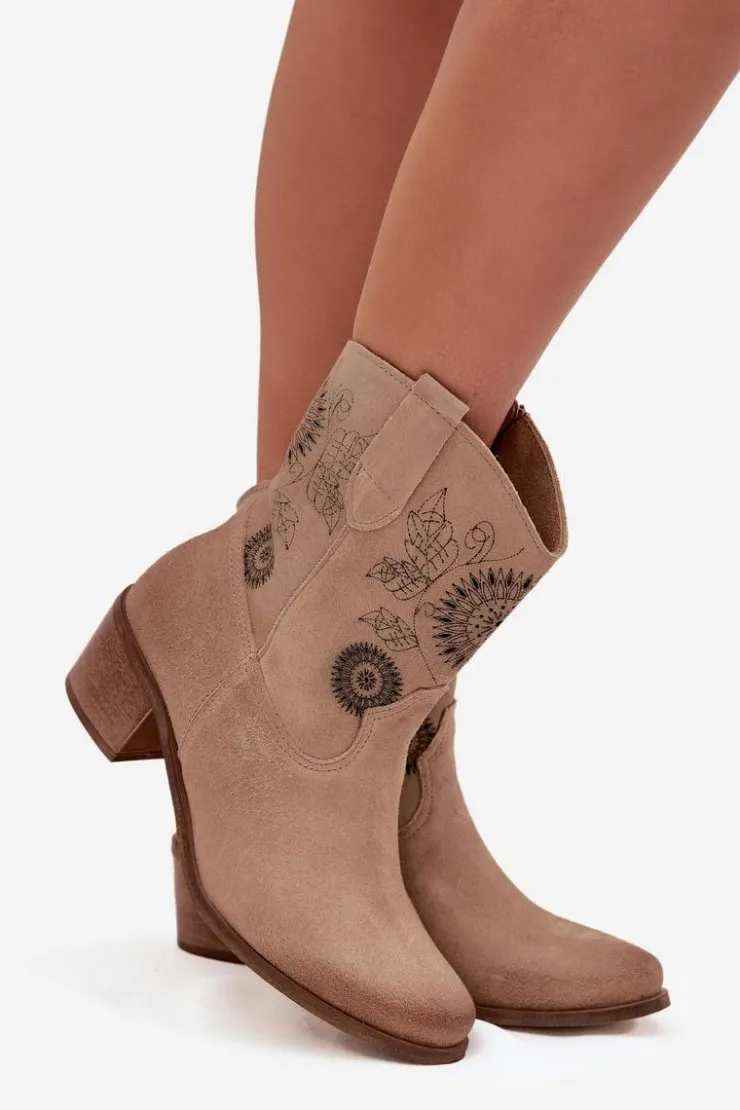 Damskie Zazoo Zamszowe Skórzane Botki Damskie Ażurowe Na Obcasie 3844 Beżowe