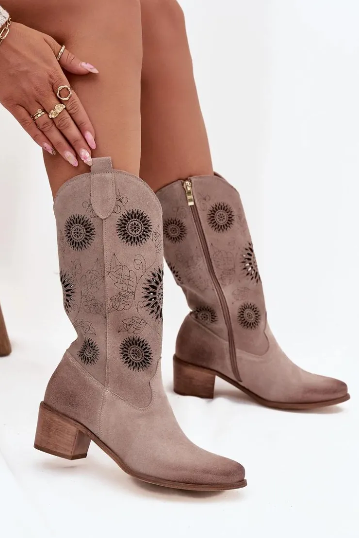 Zazoo Kozaki Ażurowe|Kozaki Przed Kolano*Zamszowe Skórzane Kozaki Damskie Z Ażurowym Wzorem 3852 Cappuccino