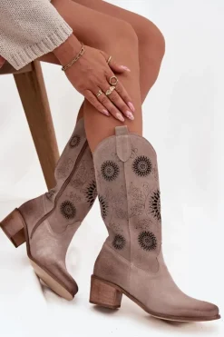 Zazoo Kozaki Ażurowe|Kozaki Przed Kolano*Zamszowe Skórzane Kozaki Damskie Z Ażurowym Wzorem 3852 Cappuccino